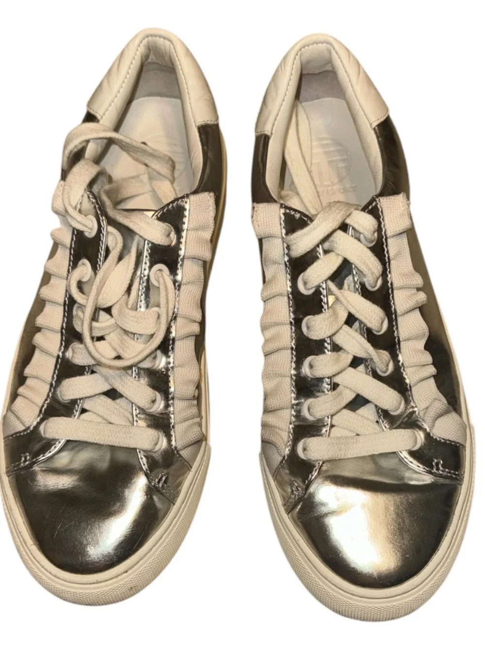 Tory Sport Metallic Silver Low-Top Sneakers With Ruffles
